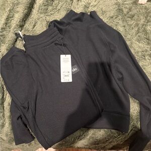 ALO Yoga Black Waffle Weekend Jogger and Matching Top